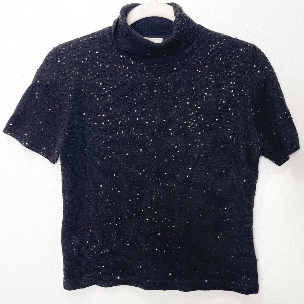 Votre Nom Sequined Silk Cashmere Turtleneck Short Sleeve Top Size Large Vintage
